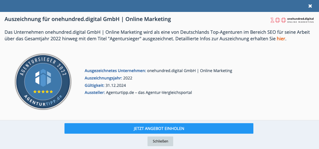 SEO Auszeichnung fuer onehundred.digital - Online Marketing Berlin